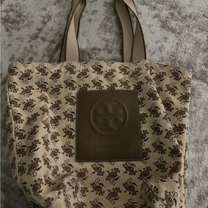 Tory Burch Floral Print Tote in Cream and Brown